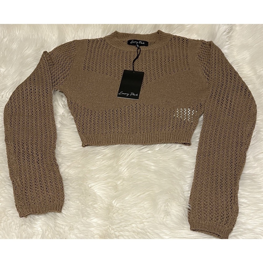Emory Park Woven Long Sleeve Sweater Size Small Stretch Acrylic‎ Tan Brown Mocha
